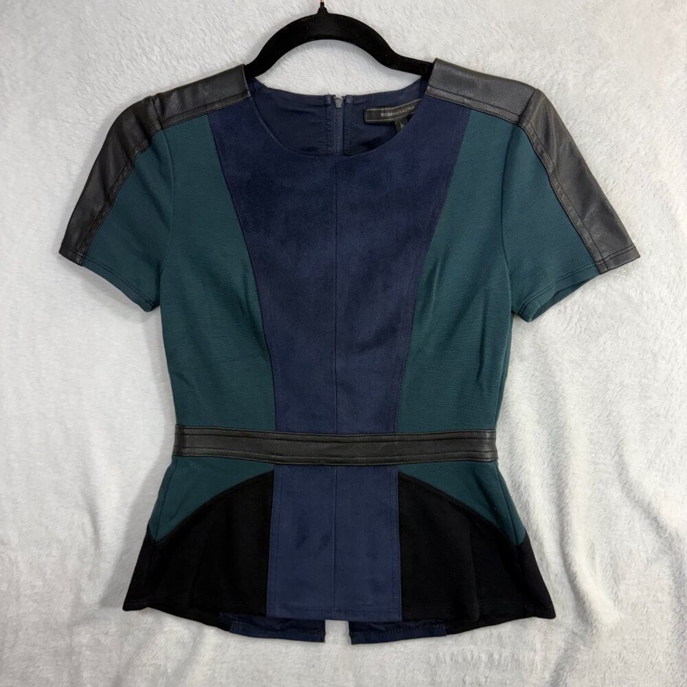 BCBGMAXAZRIA XS Peplum Cassaundra Top Blue Colorblock Faux‎ Leather Seen on TV